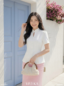Blusa Elegante Blanca para Mujer, Cuello Mandarín, Manga Corta, Peplum, Botones, Color Sólido, Primavera/Verano, DORIS - Product Image 3