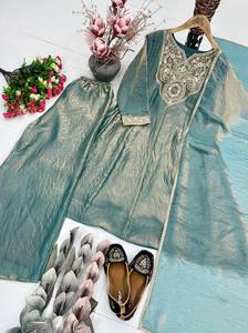 Traje Sharara de Seda Verde Mar para Mujer con Bordado y Dupatta, Ropa Tradicional India para Bodas, Largo hasta el Tobillo, Corte Regular - Product Image 4