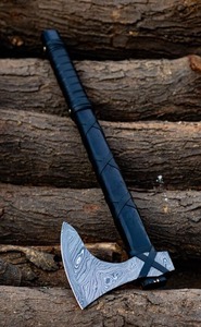 Hache artisanale en acier Damas avec manche en bois et étui en cuir, hache de survie en plein air style Viking - Product Image 4