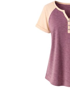 T-shirt pour femme beige bordeaux à manches courtes, col Henley, manches raglan, coton doux, décontracté, haut d'été confortable, à porter au quotidien, élégant - Product Image 4
