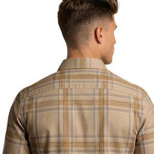 Camisa Casual a Cuadros para Hombre, Color Beige Camel, Manga Larga, con Botones, Tela Suave de Poliéster/Algodón Cepillado, Ecológica y de Secado Rápido - Product Image 4