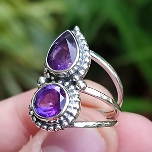 Amethyst <b>Ring</b> Handmade Sterling Silver Bezel Setting Natural Purple Pear & Round Gemstone <b>Boho</b> Jewelry February Birthstone - Product Image 3