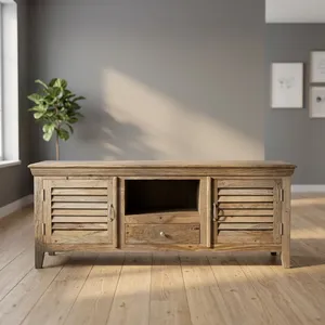 Mueble de TV con Persianas de Madera, Armarios de Almacenamiento, Estante Abierto y Cajón, Soporte de Entretenimiento Rústico para Sala de Estar - Product Image 3