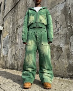 Ensemble sweat à capuche et pantalon de survêtement en coton épais pour homme avec logo personnalisé, style vintage délavé à l'acide, coupe courte zippée, streetwear décontracté - Product Image 6