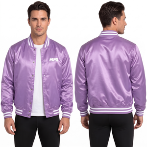 Chaqueta clásica gris satinada con botones a presión, brillo elegante y brillante, cuello y puños de punto con rayas blancas, y servicio de exportación OEM de ropa a granel. - Product Image 3