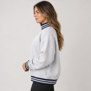 <b>Women's</b> Light Heather Grey Mock Neck Sweatshirt with <b>Navy</b> Striped Trim Varsity Letters Long Sleeve Custom Logo - Product Image 2