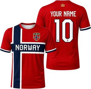 Maillot de football Norvège personnalisé avec nom et numéro, impression par sublimation, unisexe, manches courtes, design drapeau rouge, bleu et blanc, col rond, coupe classique - Product Image 1