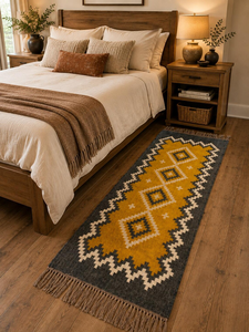Tapis de couloir en laine et jute tissé à la main jaune moutarde, motif géométrique Kilim, style bohème tribal, pour entrée, sur mesure - Product Image 6