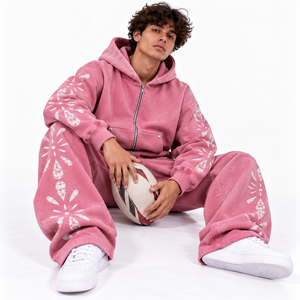 Men's <b>Pink</b> Hooded Tracksuit Full Length Loose Fit Casual <b>Sweatshirt</b> And Pants Set With Floral Print Side Pockets Autumn Wear - Product Image 3