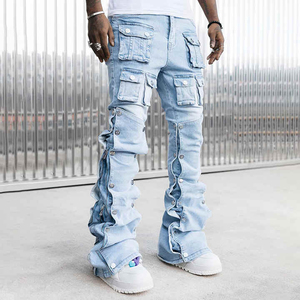 Jean en denim 100 % coton pour homme, taille mi-haute, avec strass, coupe large et droite, personnalisable avec logo, style streetwear - Product Image 4