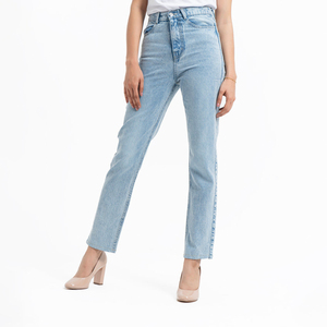 Jean en denim bleu clair taille haute coupe droite longueur cheville pour femme, style décontracté en coton délavé, collection printemps - Product Image 6