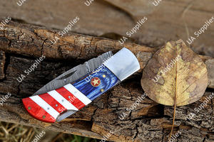 Couteau pliant professionnel artisanal en acier Damas, couteau de poche EDC tactique de chasse avec étui en cuir et manche en bois époxy, OEM - Product Image 2