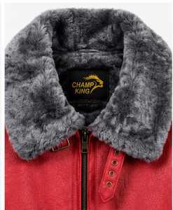 Veste en cuir rouge pour homme Champ King avec doublure en fausse fourrure, col montant, fermeture éclair, style motard, manteau d'hiver épais - Product Image 6