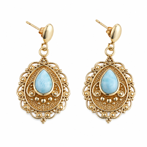 Natural Larimar Gemstone <b>Dangle</b> <b>Earrings</b> <b>Gold</b> Plated Brass Anchor Shape Filigree Design Trendy for Women Gift Jewelry - Product Image 1