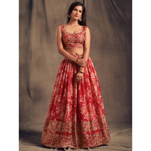 Lehenga choli เทศกาลผ้าโปร่งพิมพ์ลายดอกไม้สีแดง - Product Image 4