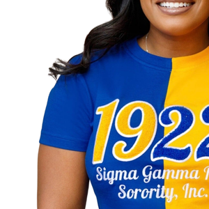 ซิกมาแกมมาโร 1922 เสื้อยืดเชนิลล์ฮาล์ฟฮาล์ฟผู้หญิงสีฟ้าทองผ้าฝ้ายผสมแขนสั้นลำลองสไตล์ทันสมัย - Product Image 3