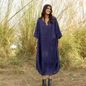 เดรสผ้าฝ้ายลินินสไตล์โบฮีเมียนสำหรับผู้หญิง คอวี แขนสามส่วน ทรงหลวมพลิ้วสบายๆ ชุดเดรสยาวลำลองสำหรับฤดูร้อน - Product Image 2