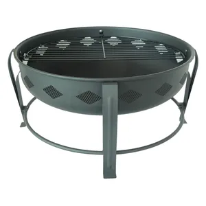 Freestanding Iron Wood Burning Fire Pit with Cooking <b>Grate</b> Powder Coated Outdoor <b>BBQ</b> Fire Bowl for Patio Garden - Product Image 3