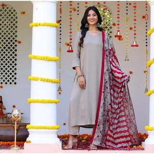 พื้นด้านล่าง kurti ผ้าฝ้ายออกแบบได้ตามต้องการมีลายพิมพ์ dupatta Grey - Product Image 1