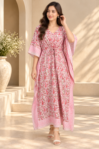 Vestido Kaftán Floral Rosa para Mujer, Estilo Boho Maxi, Ropa de Playa, Cuello en V, Ropa de Resort, Cintura Ajustable, 100% Algodón Transpirable con Aberturas, Venta al por Mayor - Product Image 4
