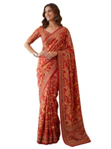 Sari en soie traditionnel indien rouge à imprimé numérique Ajrak avec blouse brodée de miroirs pour femme, tenue de mariage, longueur au sol, coupe classique - Product Image 1