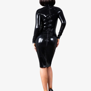 Robe moulante sexy en similicuir PU noir, col montant contrastant, épaules dénudées, taille haute, dentelle, boutons et diamants - Product Image 2