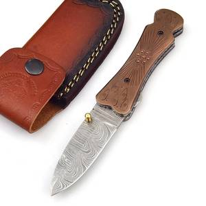 UA Supplies Hand Engraved <b>Copper</b> Handle Damascus Steel EDC Thumb <b>Knob</b> Liner Lock Folding Hunting Knife Leather Pouch Outdoor - Product Image 1