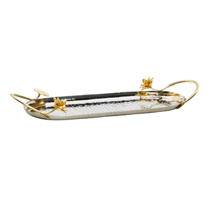 Wholesale Modern Stainless Steel Hammered Serving Tray Platter Set With Gold Floral Accents Decorative Metal Appetizer Dish - Product Image 3