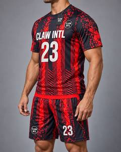 Maillot de football CLAW INTL pour homme, rouge et noir, sublimé, col rond, manches courtes, en polyester respirant, coupe athlétique - Product Image 3