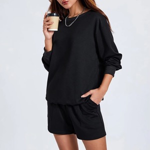 Women's Vintage <b>2</b> <b>Piece</b> Black Knitted 100% Cotton Sweatshirt Set O-Neck Long Sleeve Regular Fit Casual Shorts Spring Summer - Product Image 2