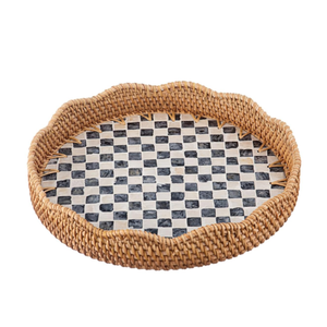 Bandeja de café artesanal de alta calidad con incrustaciones de nácar y ratán festoneado, estilo bohemio, B2B, de Vietnam. - Product Image 2