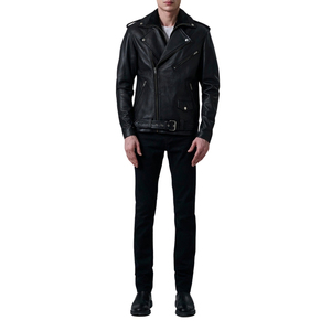 Veste de moto en cuir véritable noir pour homme, col rabattu, fermeture éclair, veste de motard - Product Image 1