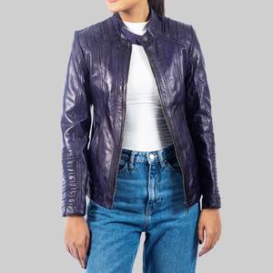 Rebecca Womens Purple Distressed Biker <b>Leather</b> <b>Jacket</b>-Breathable Stand-Up Collar <b>Winter</b> - <b>Leather</b> <b>Jacket</b> Purple - Product Image 1