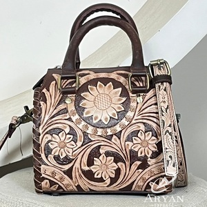 Luxury Hand <b>Tooled</b> Genuine Carved <b>Leather</b> Small Duffel Bags New Boutique Style Floral Design Crossbody HandBag for Men & Women - Product Image 1