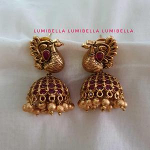 Ruby Kemp Studded Peacock Jhumka Drop Earrings - Product Image 1