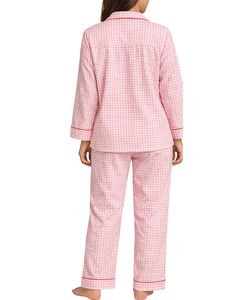 Ensemble de pyjama pour femmes en gingham rose personnalisé, manches longues, boutonné, vêtements de nuit en coton doux, ensemble de vêtements de détente en deux pièces - Product Image 2