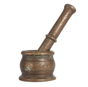 Antique ornate carved brass mortar pestle set featuring decorative swag border patterns, available at wholesale prices. - Product Image 5