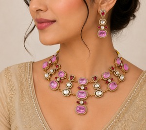 Ensemble collier et boucles d'oreilles Kundan Polki rose, plaqué or, bijoux indiens de mariée, bijoux de mariage traditionnels pour femmes - Product Image 1