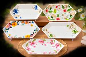 Bols de service en céramique florale avec poignées en bois, compatibles lave-vaisselle, design moderne, vaisselle de fête écologique - Product Image 2