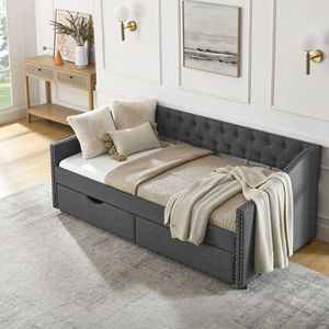 Divano letto imbottito trapuntato a una piazza e mezza con braccioli a onda con borchie color rame, schienale con bottoni e cassetti - 81,5 x 4 x 30 pollici - Product Image 5