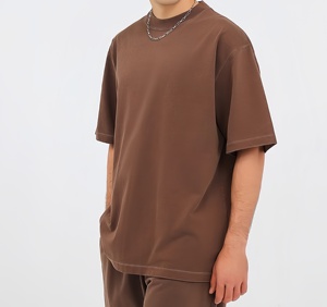 T-shirt Homme Marron Coupe Droite Manches Courtes Col Rond Couleur Unie Décontracté Design Uni Tricoté Toile Anti-rétrécissement 300g - Product Image 3