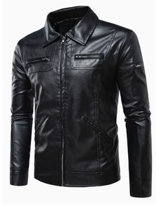 <b>Men's</b> Black Cowhide <b>Leather</b> Bomber <b>Jacket</b> Turn-down Collar Zipper Closure Slim Fit Regular Length Solid Color Winter Wear - Product Image 3