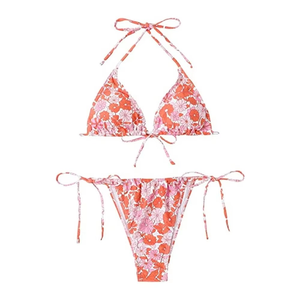 OEM Wholesale Custom Logo Women Pink Print Bikini Set Triangle Top & Tie Side Bottom Two Piece Swimwear Beachwear - Product Image 1