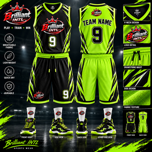 Ensemble de maillots de basket-ball personnalisés Brilliant INTL, col en V, maille sublimée, nom et numéro de l'équipe, respirant, séchage rapide, 100% polyester, uniforme - Product Image 1