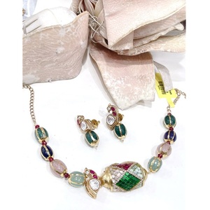 Elegant Premium Quality Brass Gold Plated Moissanite Trendy <b>Statement</b> Fusion <b>Necklace</b> Set with Earrings for Wedding & Party Wear - Product Image 1