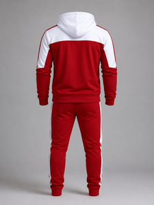 Red White Unisex Winter Casual Printed <b>Tracksuit</b> Hooded Sweatshirt Jogger Pants Side Stripes Custom Logo Sportswear Set - Product Image 2