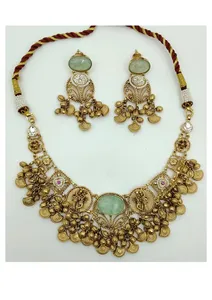 Green Stone Center Coin <b>Beads</b> and Matching Earrings with Traditional Silver Heavy Choker Necklace <b>Set</b> - Product Image 2