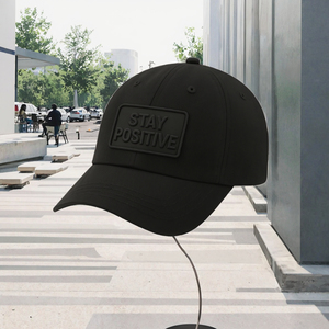 Black 6-Panel Baseball <b>Cap</b> with Raised Rubber Stay Positive Logo Street Style Y2K Unisex Casual Fitted Hat - Product Image 3