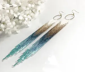 TOP TRENDING Ombre Blue Beaded Fringe Earrings Long Dangle Ocean Inspired Jewelry Seed <b>bead</b> Earrings FOR WEEKEND PARTY - Product Image 4