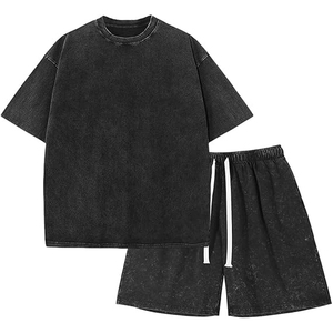 Men Vintage Terry Soft Cotton T Shirt Shorts <b>Set</b> Summer Casual 2 Piece Outfit Breathable Loose Fit Acid Wash Men's T-shirts <b>Sets</b> - Product Image 1